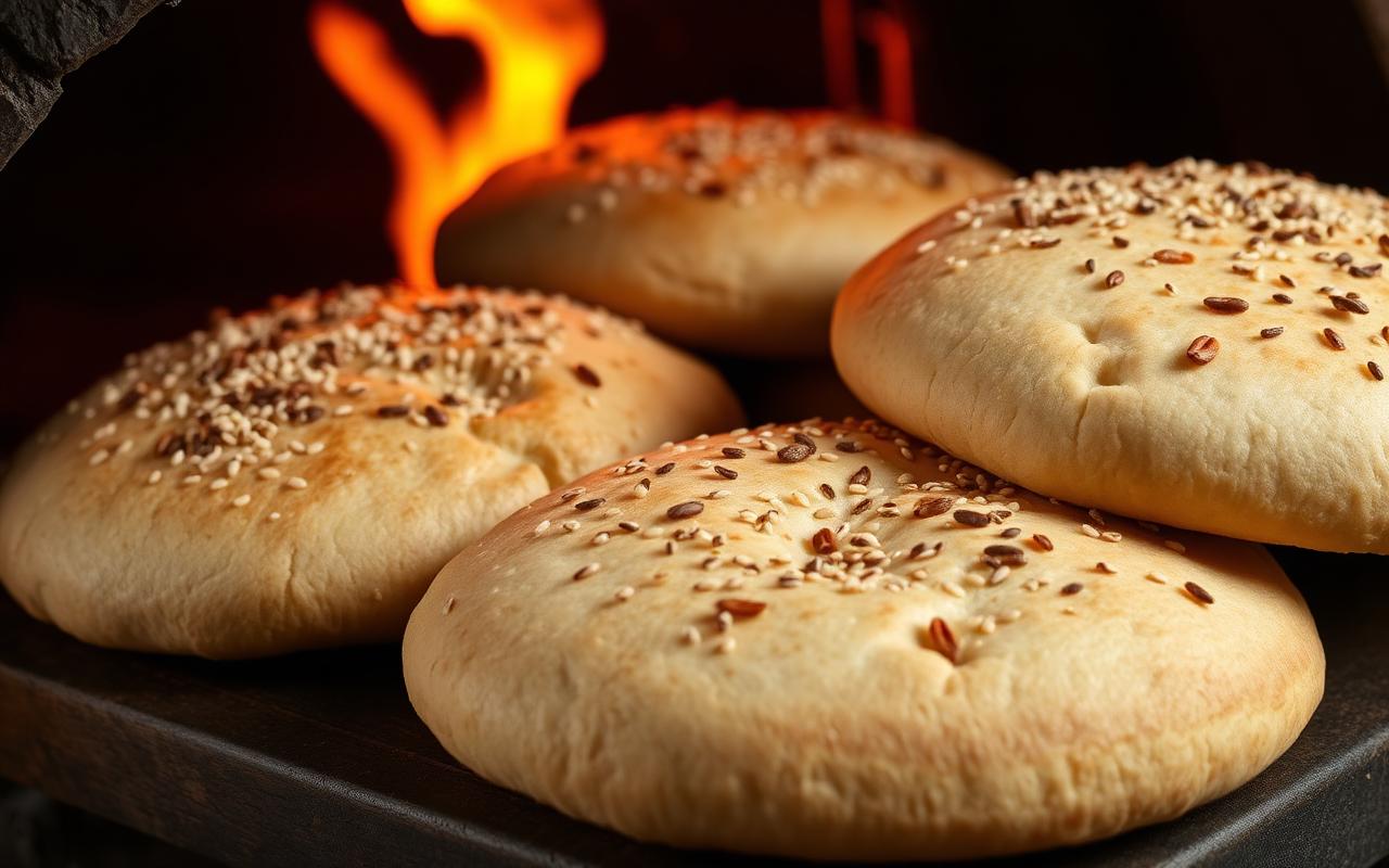 Frisch gebackenes Fladenbrot mit Sesam aus dem Steinofen