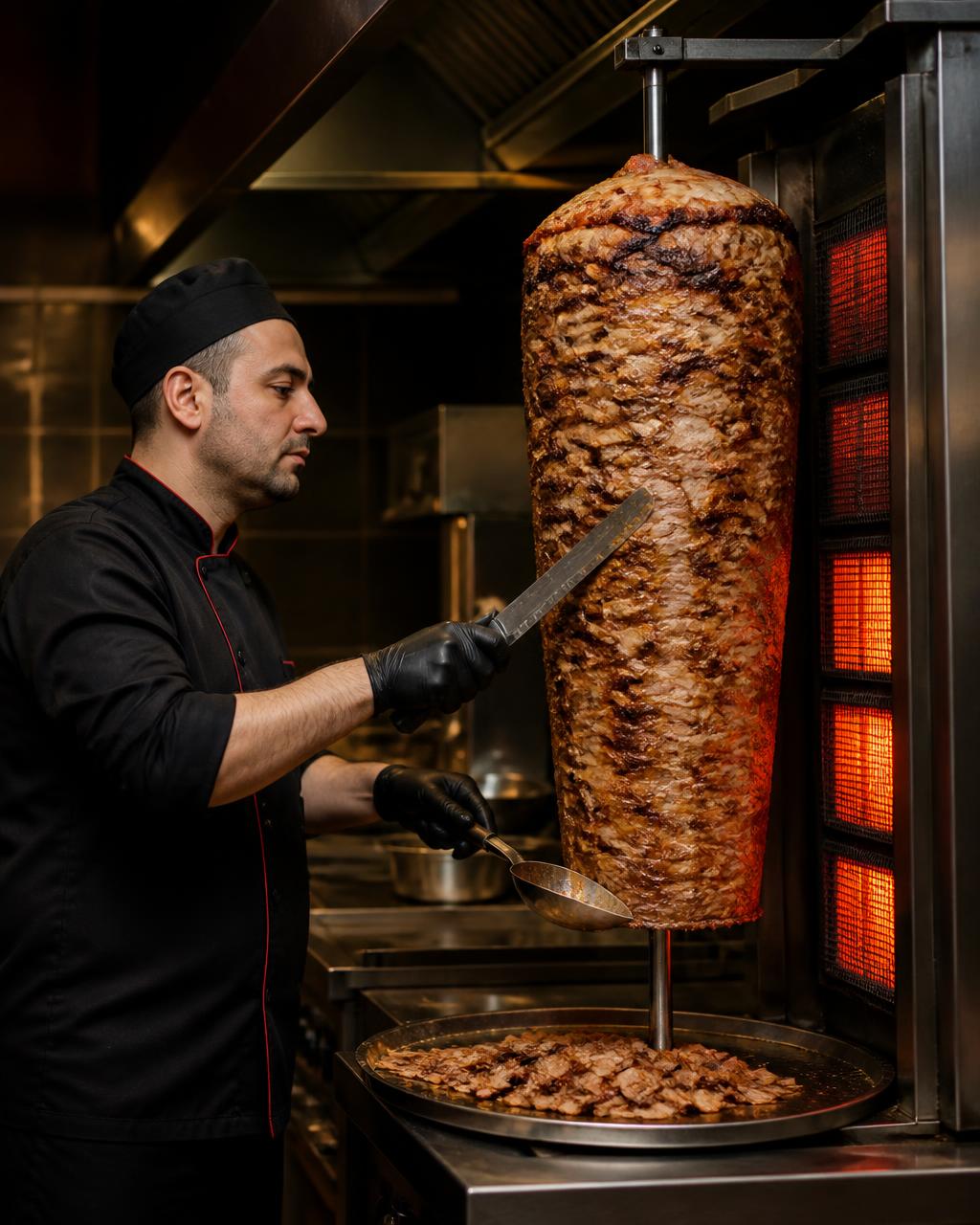 Dönerspieß am Grill wird frisch geschnitten